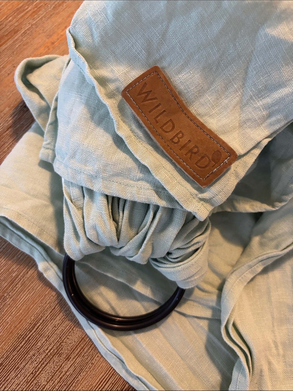 WildBird Light Mint Green Baby Ring Sling with Brown Leather Patch